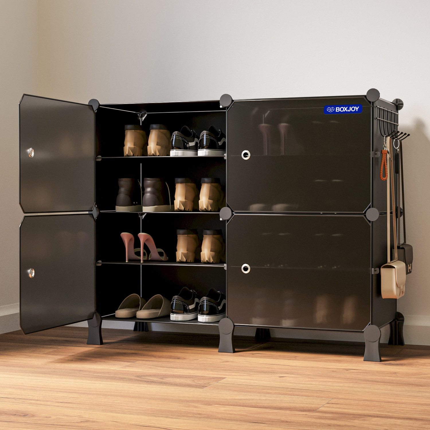 Image of BOXJOY 8 Shelf 4 Doors Shoes Rack for Home, Magnet, 5 Hook Steel Holder, Wooden Hammer Plastic Shoe Stand
