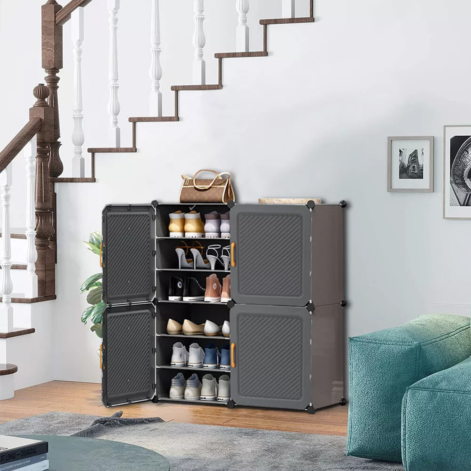 Image of SNKR ESSENTIALS 12-Shelf-4-Door Plastic Cupboard Shoe Rack Plastic, Metal Collapsible Shoe Stand