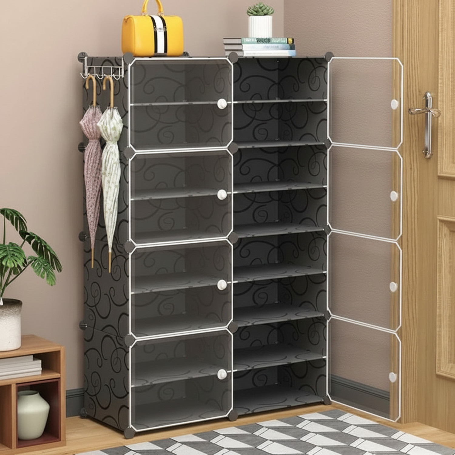 Image of Owme 16-Tier Plastic Shoe Rack with Dustproof Doors - Modular Shoe Cabinet Plastic Shoe Stand