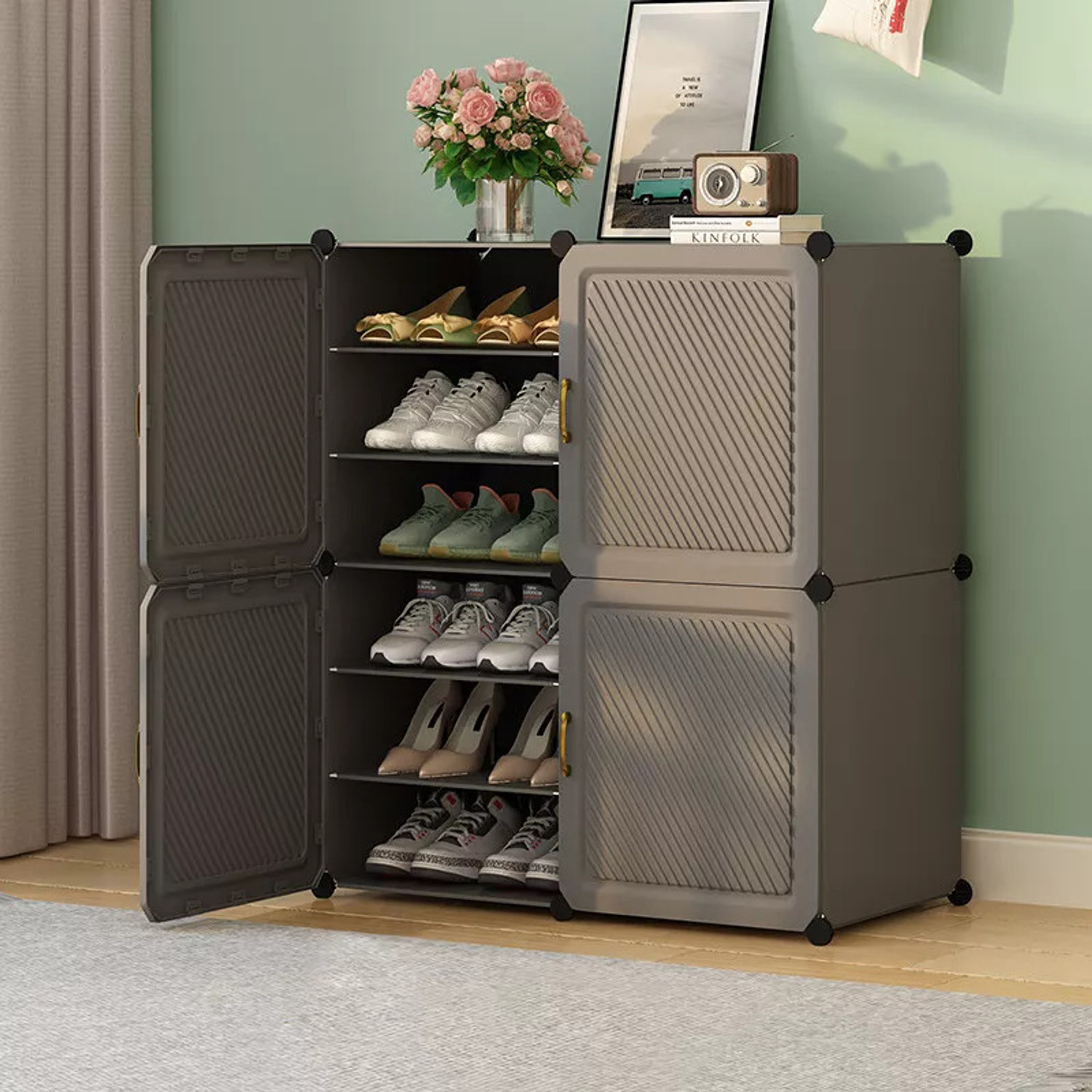 Image of Owme 12-Tier Plastic Shoe Rack with Dustproof Doors - Modular Shoe Cabinet Plastic Shoe Stand