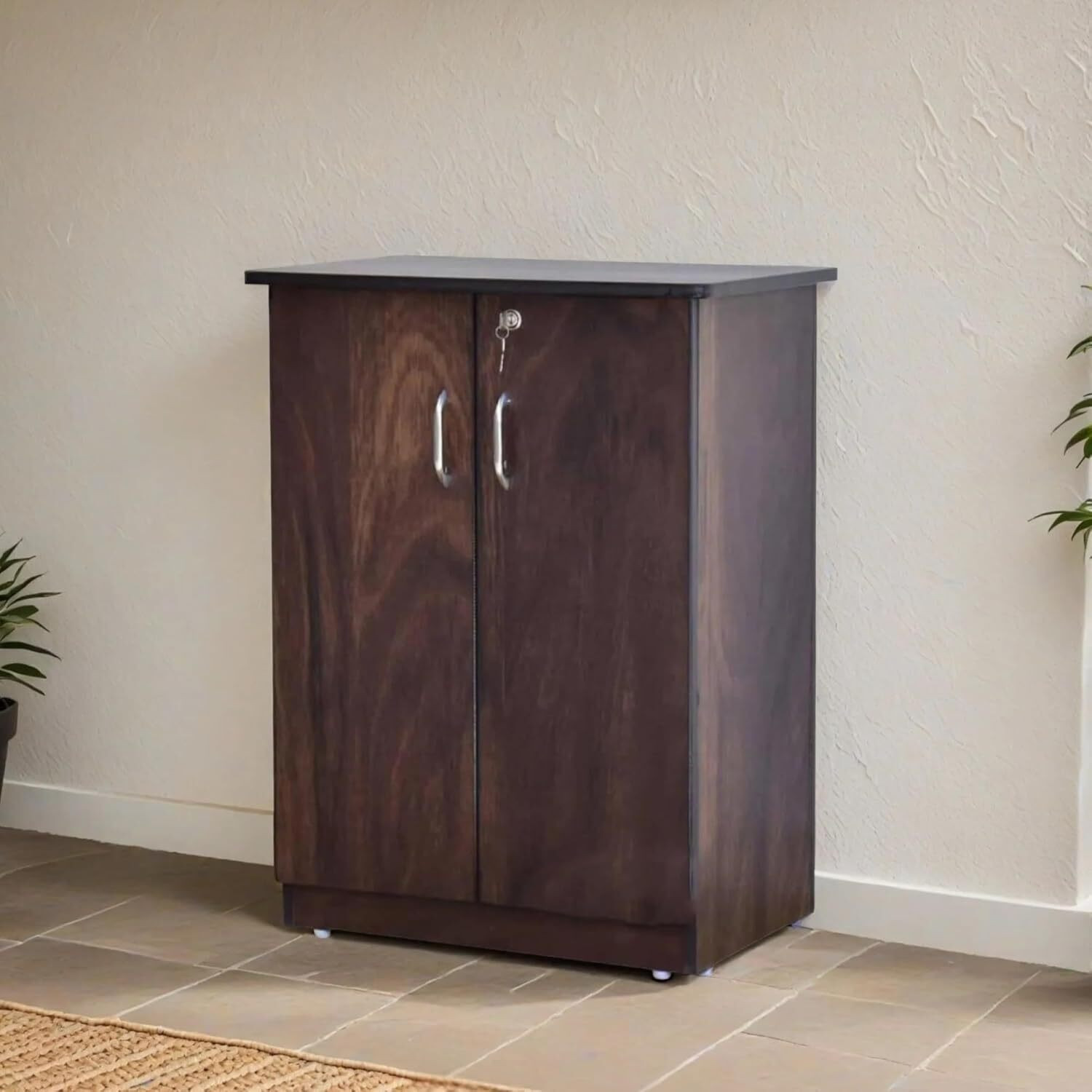 Image of CASPIAN Wooden Multipurpose / shoe Cabinet with door & Drawer of 10 Pairs Engineered Wood Shoe Rack (rainforest brown, 4 Shelves, Pre-assembled)