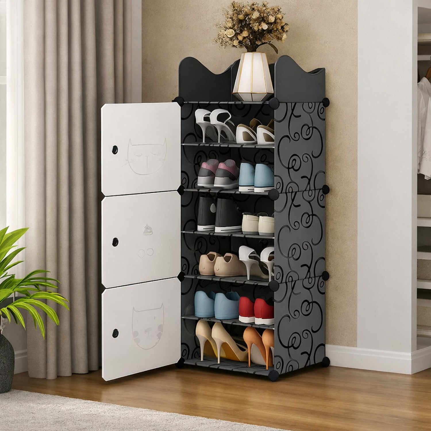 Image of Evrum 6-Shelf-3-Door Plastic Cubort Shoe Rack Plastic Collapsible Shoe Stand