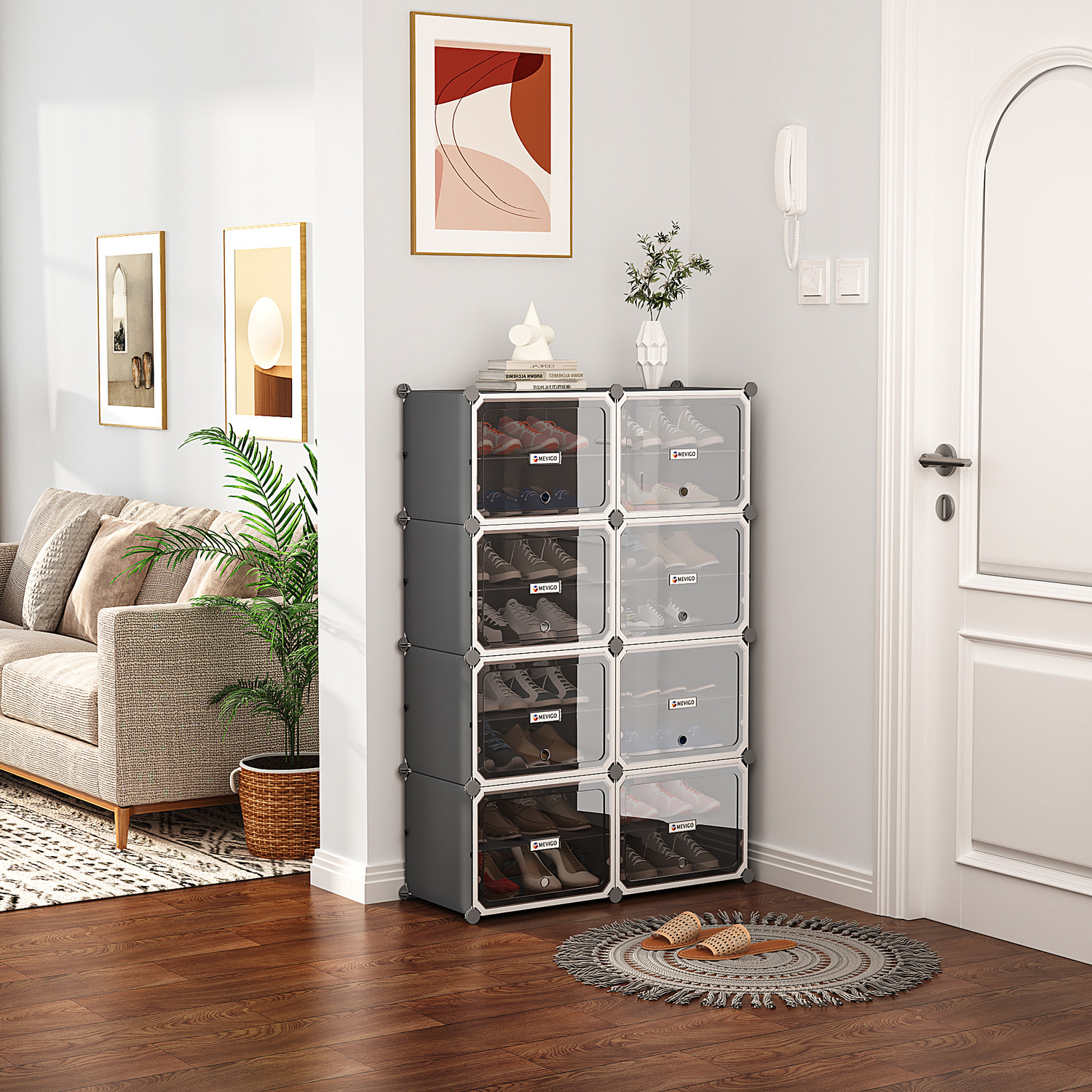 Image of SNKR ESSENTIALS 16-Shelf-8-Door Plastic Cupboard Shoe Rack Plastic, Metal Collapsible Shoe Stand