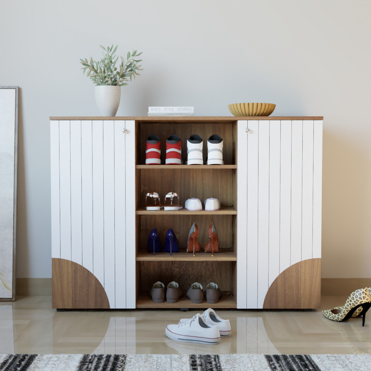 Image of neuspace 2 Doors Shoe Cabinet can Store Up to 24 Pair Shoes Engineered Wood Shoe Stand