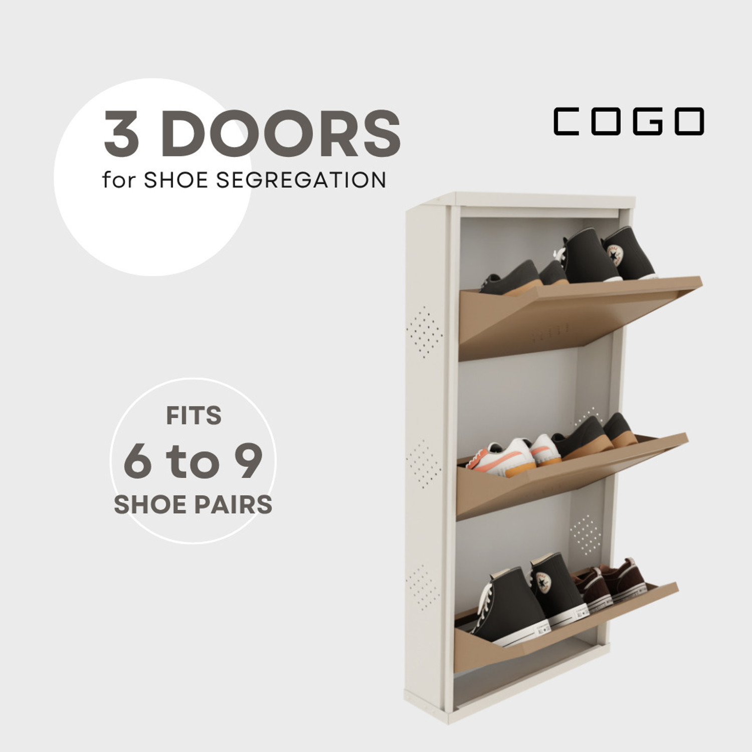 Image of KRUGER 3 Door Biscuit 21x43x5.5 inch 6 to 9 Shoe Capacity Wall Mounted Centralised Lock Metal Shoe Rack