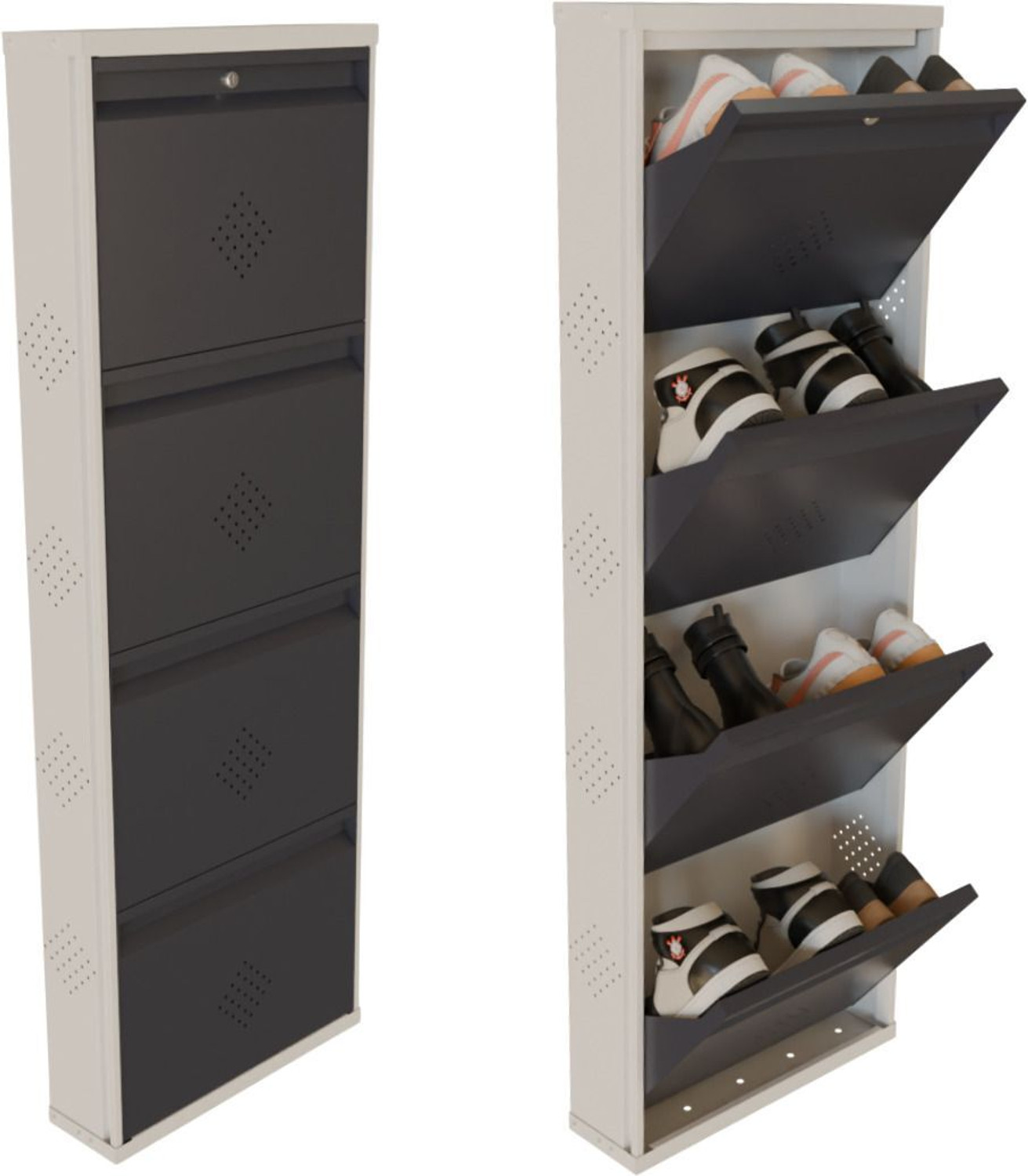 Image of KRUGER 4 Door Grey 21x58x5.5 inch 8 to 12 Shoe Capacity Wall Mounted Centralised Lock Metal Shoe Rack