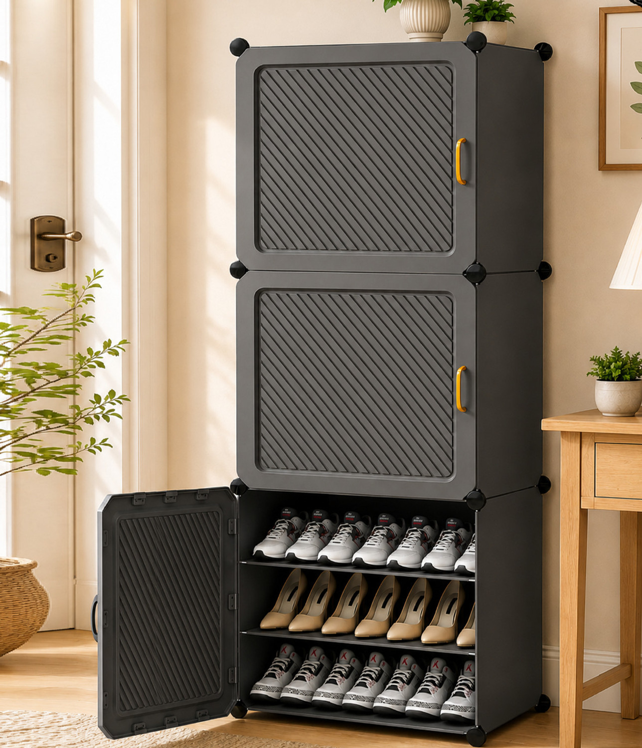 Image of MEVIGO 9-Shelf-3-Door Plastic Cubort Shoe Rack Metal Shoe Stand