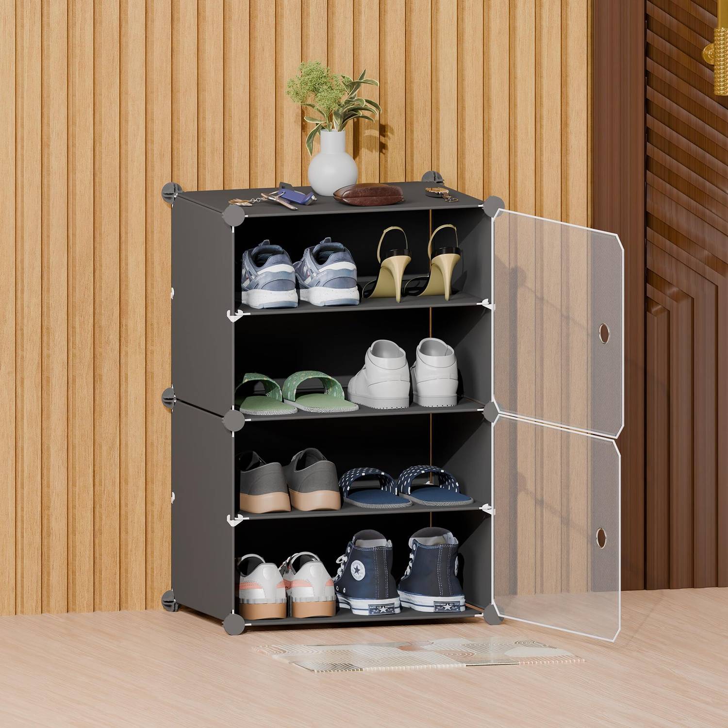 Aloxe ALX-shoe-rack-4layer-black Plastic Shoe Rack