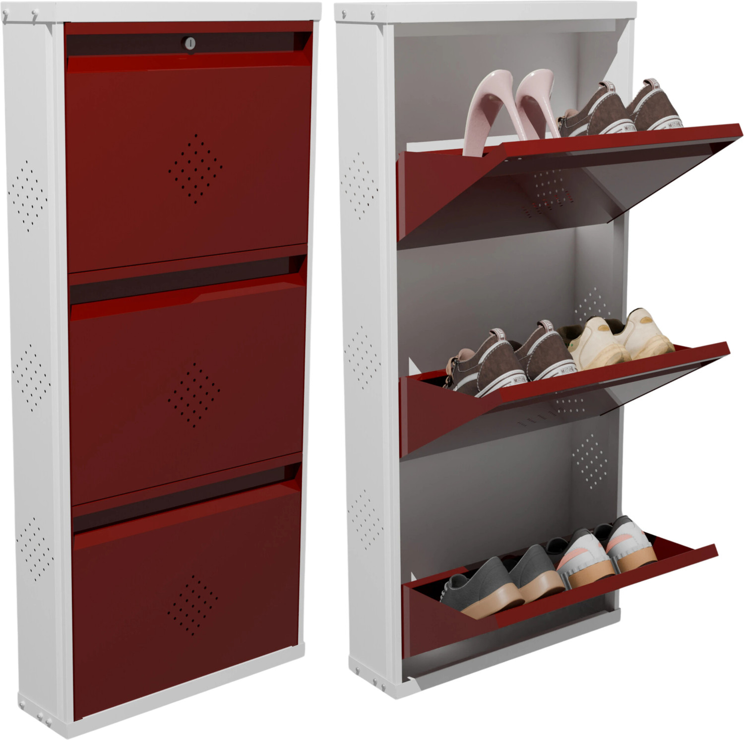 Image of KRUGER 3 Door Maroon 21x43x5.5 inch 6 to 9 Shoe Capacity Wall Mounted Centralised Lock Metal Shoe Rack