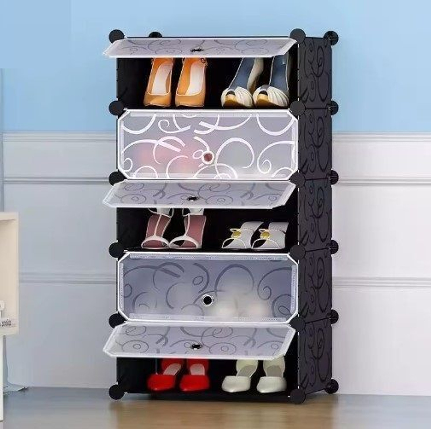 KriShyam ® Portable Shoe Rack Organizer, Plastic Cube Storage 10 Pair Tower 5 door Plastic Collapsible Shoe Stand