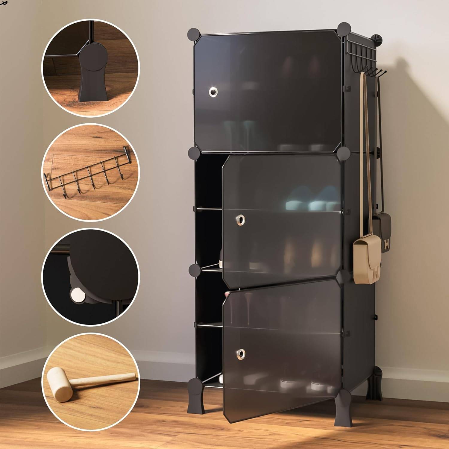 Sasimo 6-Shelf-3-Door Plastic Cubort Shoe Rack Plastic Collapsible Shoe Stand
