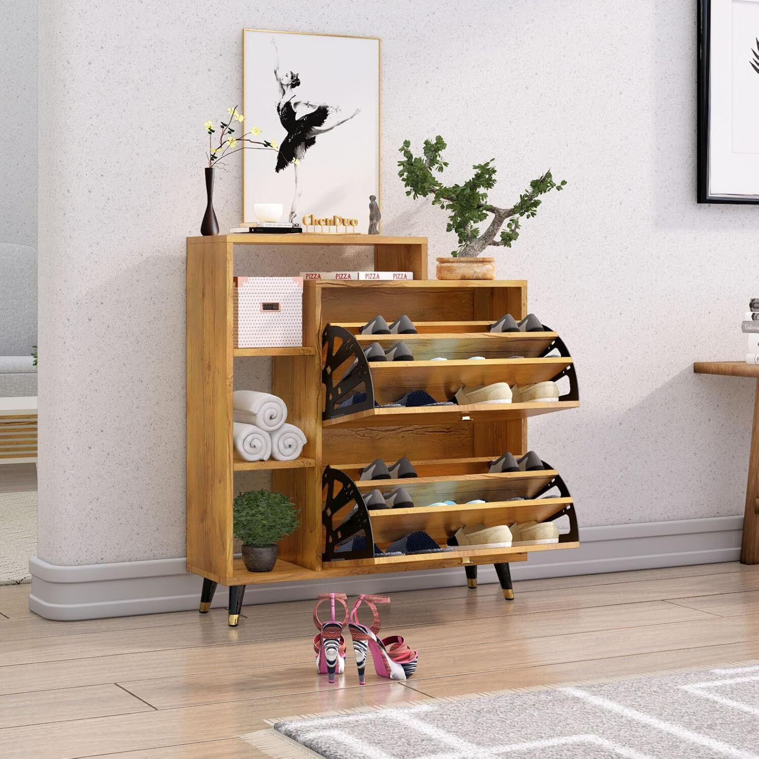 Image of Hexa Red Wooden Shoe Rack For Home With Door, Metal Legs Engineered Wood Shoe Rack