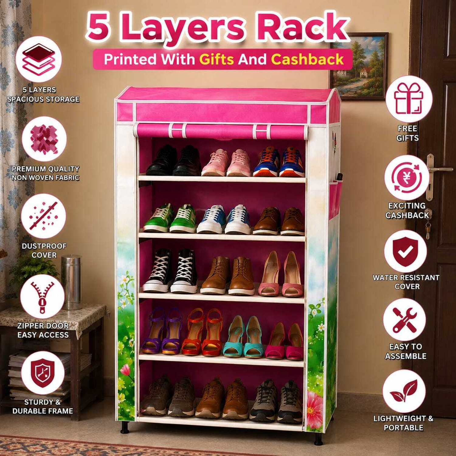 Image of Shaym ji 5 Row Printed Rack Plastic Shoe Stand
