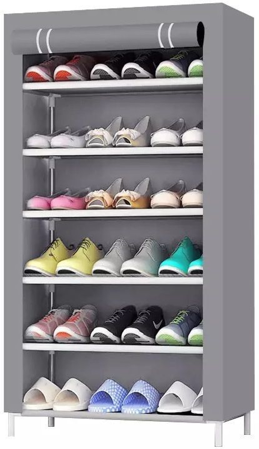 Image of ROCKING SHOP Shoe Rack Organizer with Cover | Dustproof Portable Storage Cabinet Plastic Collapsible Shoe Stand (Grey, 6 Shelves, DIY(Do-It-Yourself))