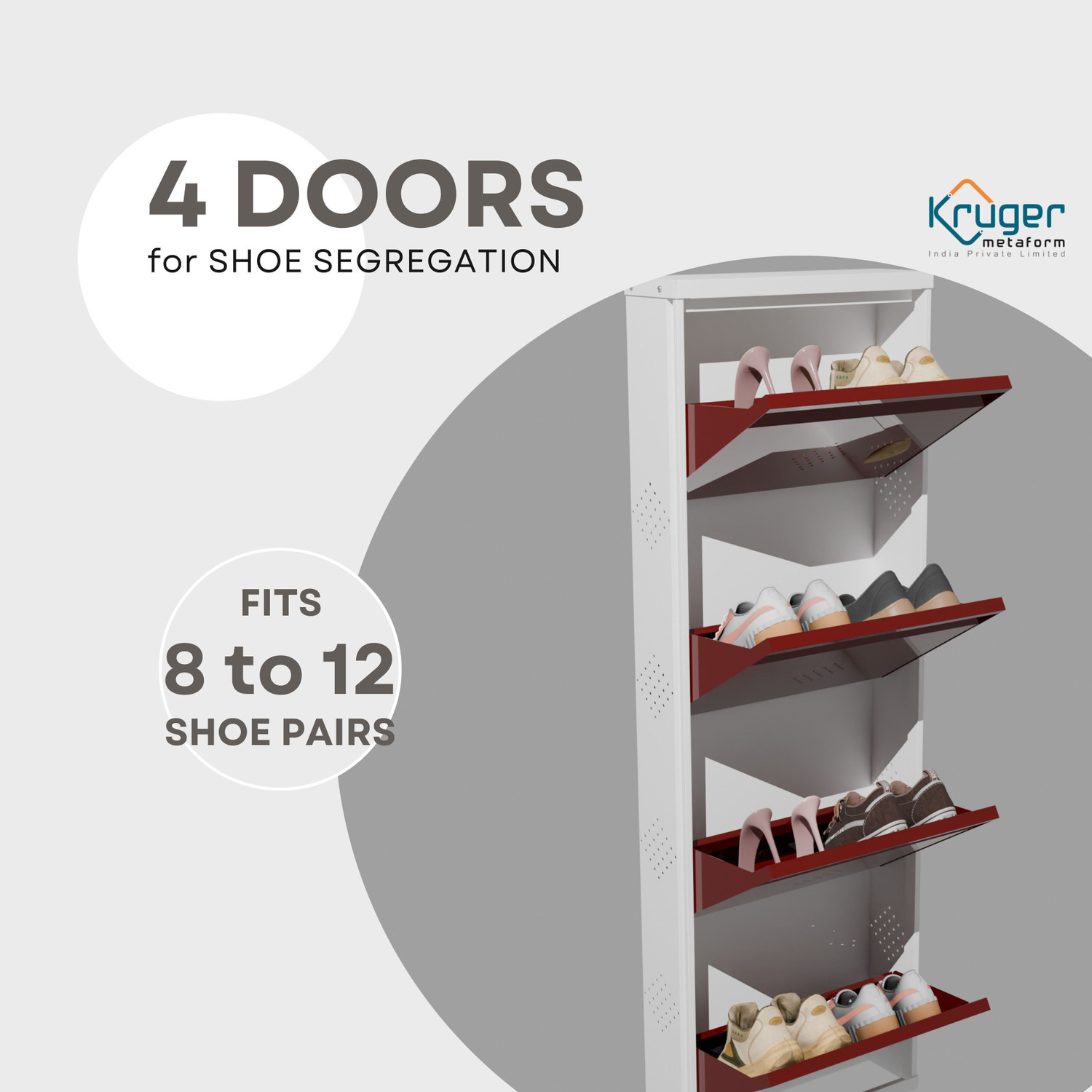 Image of KRUGER 4 Door Maroon 21x58x5.5 inch 8 to 12 Shoe Capacity Wall Mounted Centralised Lock Metal Shoe Rack