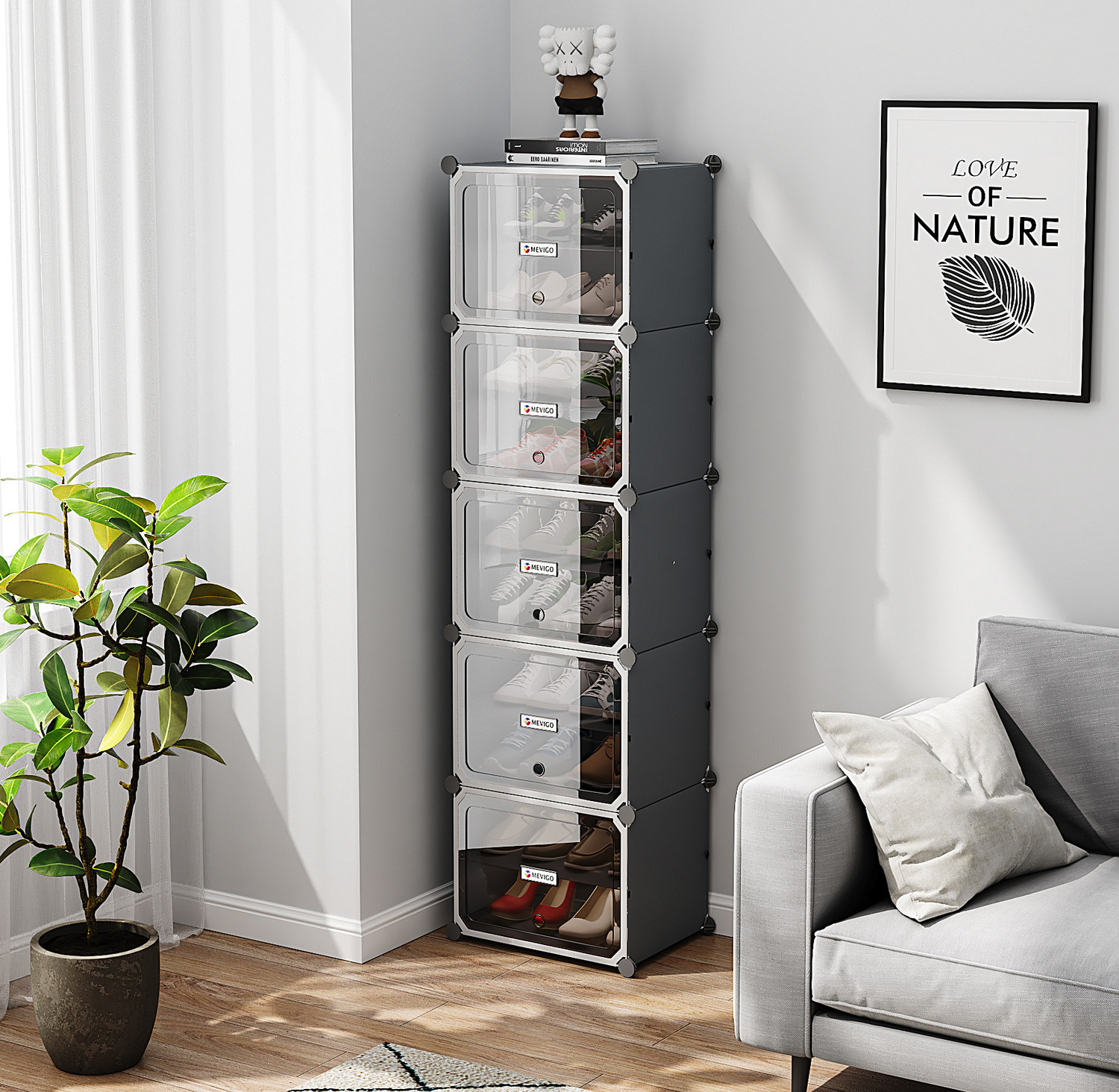Image of SNKR ESSENTIALS 10-Shelf-5-Door Plastic Cupboard Shoe Rack Plastic, Metal Collapsible Shoe Stand