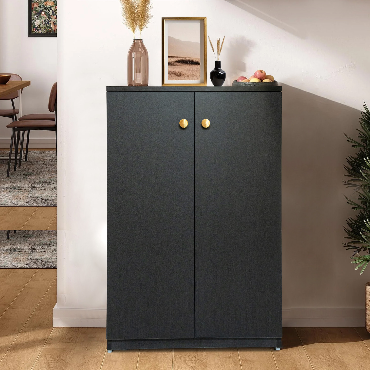 Image of Urbanovia Space-Saving Wooden Shoe Cabinet with Multi-Shelf Storage Engineered Wood Shoe Rack