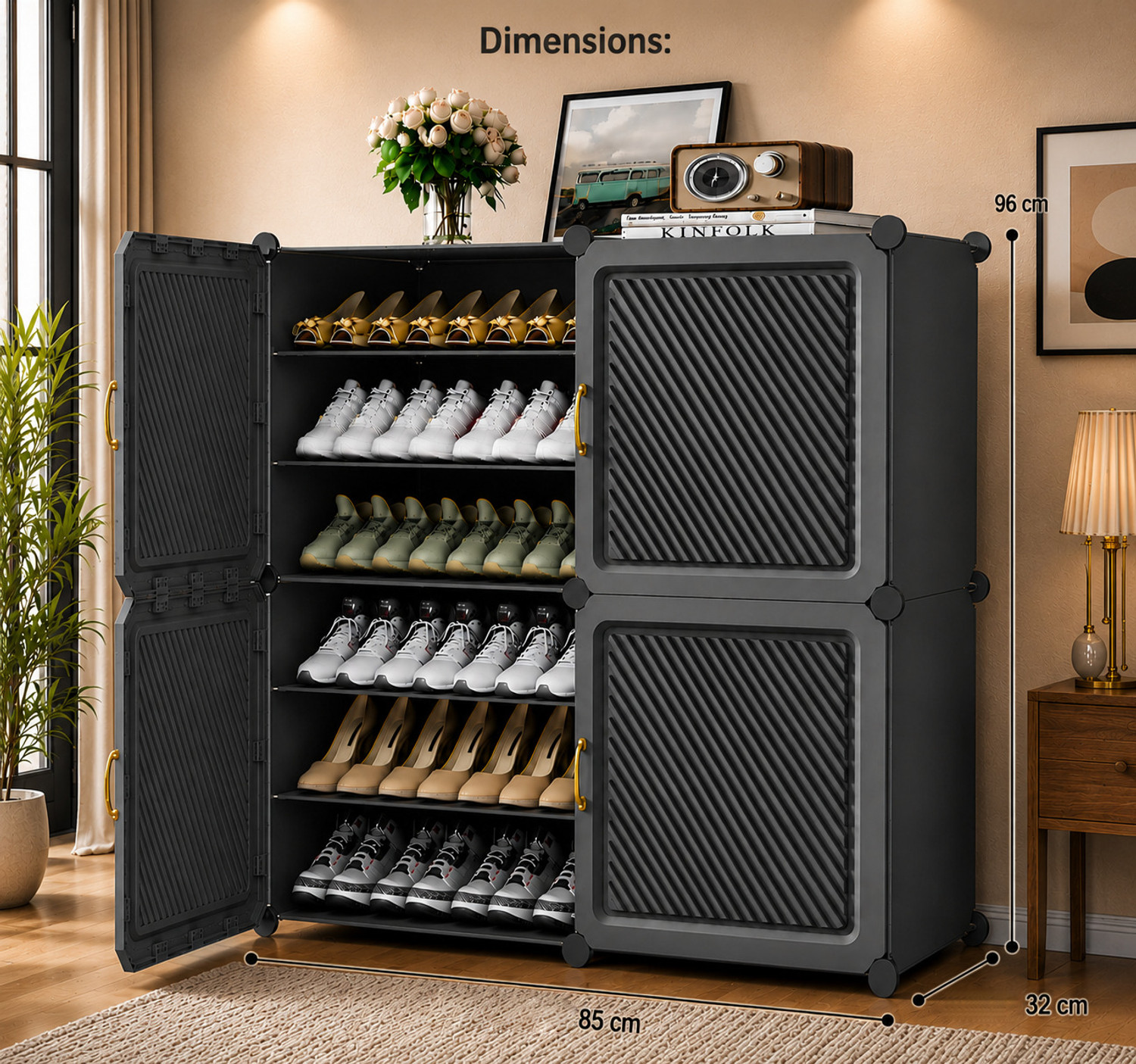 Image of MEVIGO 12-Shelf-4-Door Plastic Cubort Shoe Rack Metal Shoe Stand