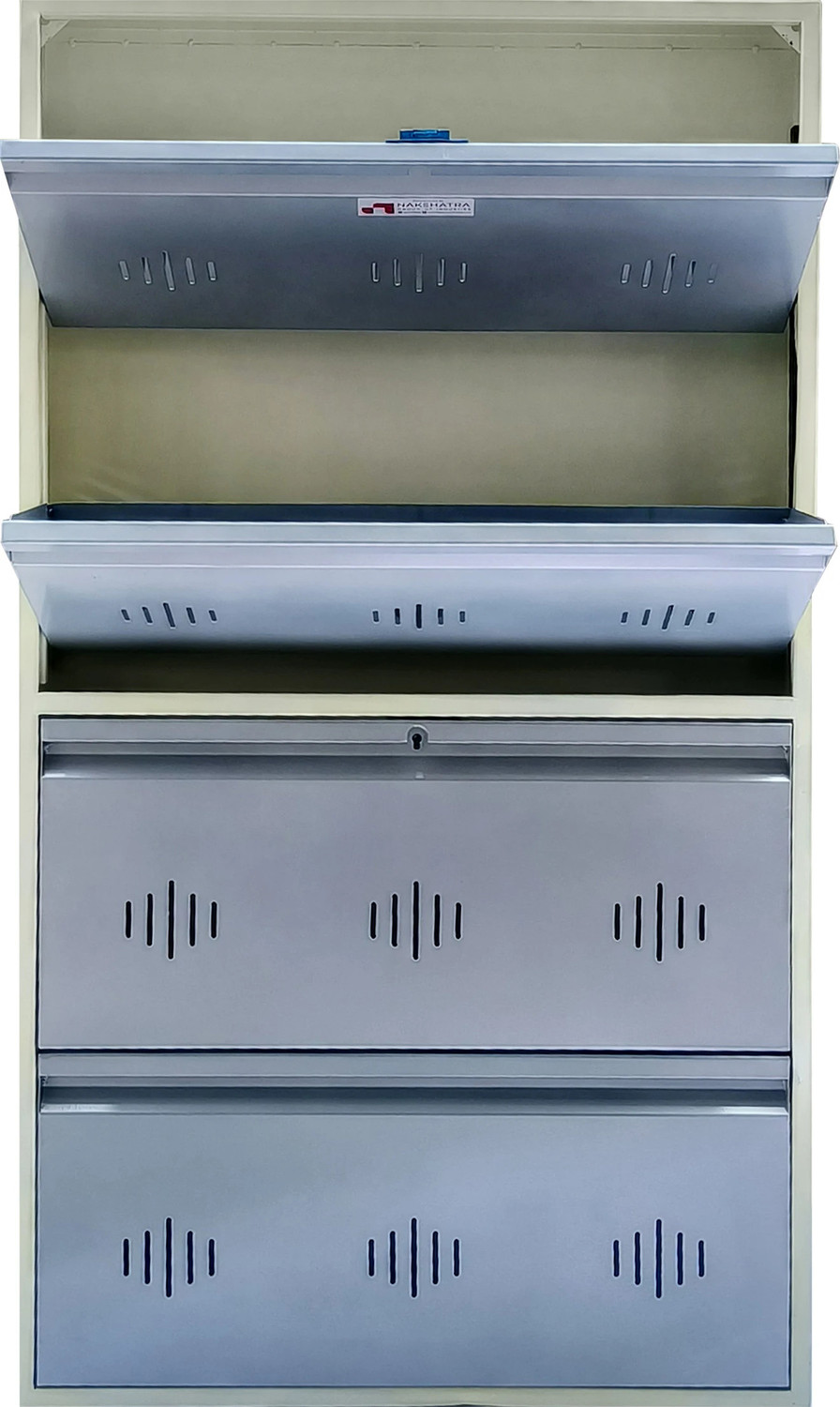 Image of Nakshatra Technology 4 Door Steel Shoe Storage Organizer with Dual Lock | Wall Mounted | Rust Free Metal Shoe Rack (Silver, 4 Shelves, Pre-assembled)