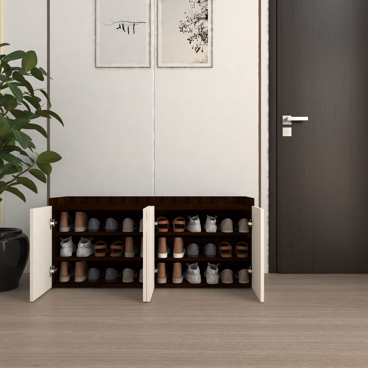 Image of spacesbyU Shoe Rack with Seating Provision & Storage Shelves | Engineered Wood Shoe Rack