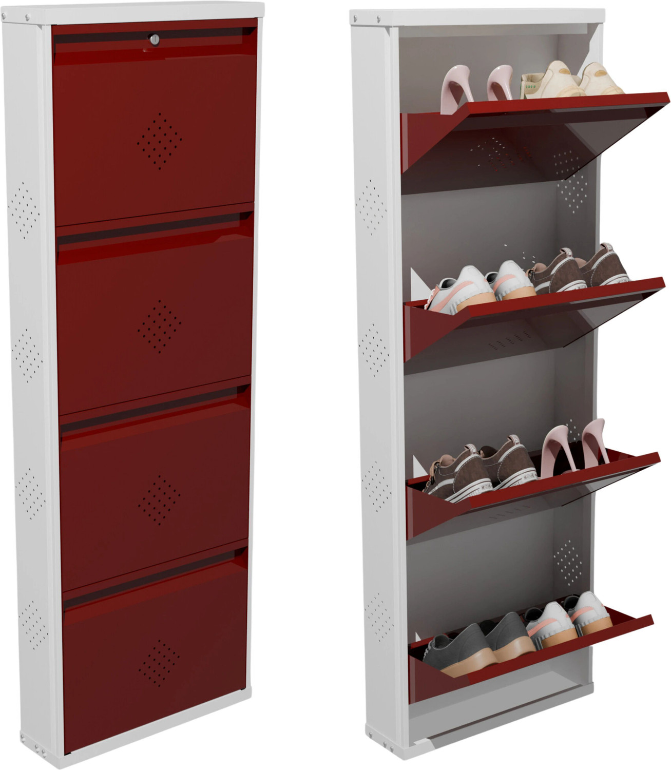 Image of KRUGER 4 Door Maroon 21x58x5.5 inch 8 to 12 Shoe Capacity Wall Mounted Centralised Lock Metal Shoe Rack
