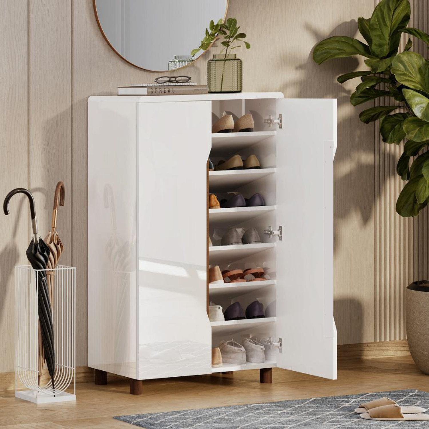 Image of Wakefit Engineered Wood Shoe Rack (Glossy White Columbian Walnut, 7 Shelves, Knock Down)