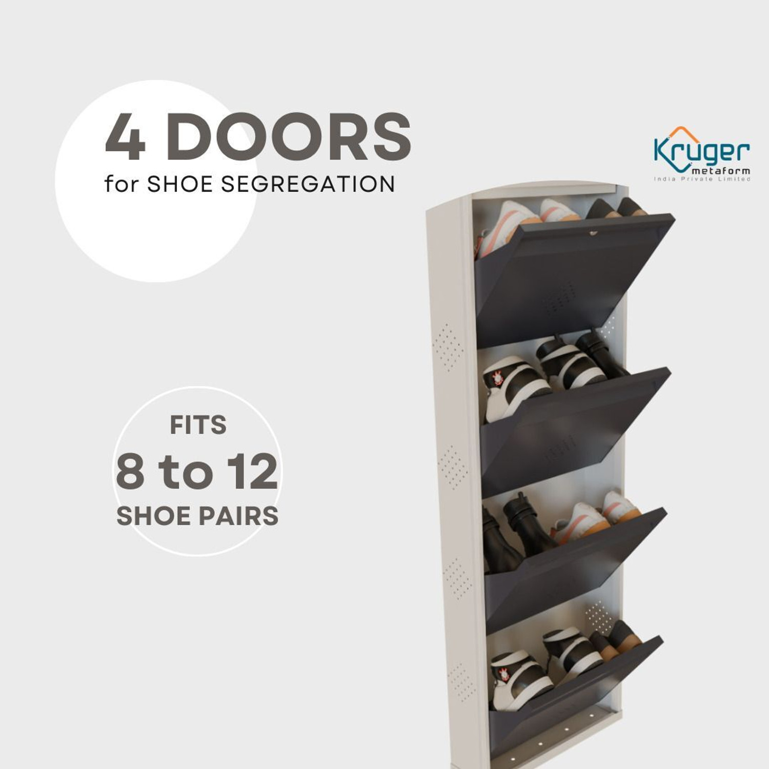 Image of KRUGER 4 Door Grey 21x58x5.5 inch 8 to 12 Shoe Capacity Wall Mounted Centralised Lock Metal Shoe Rack