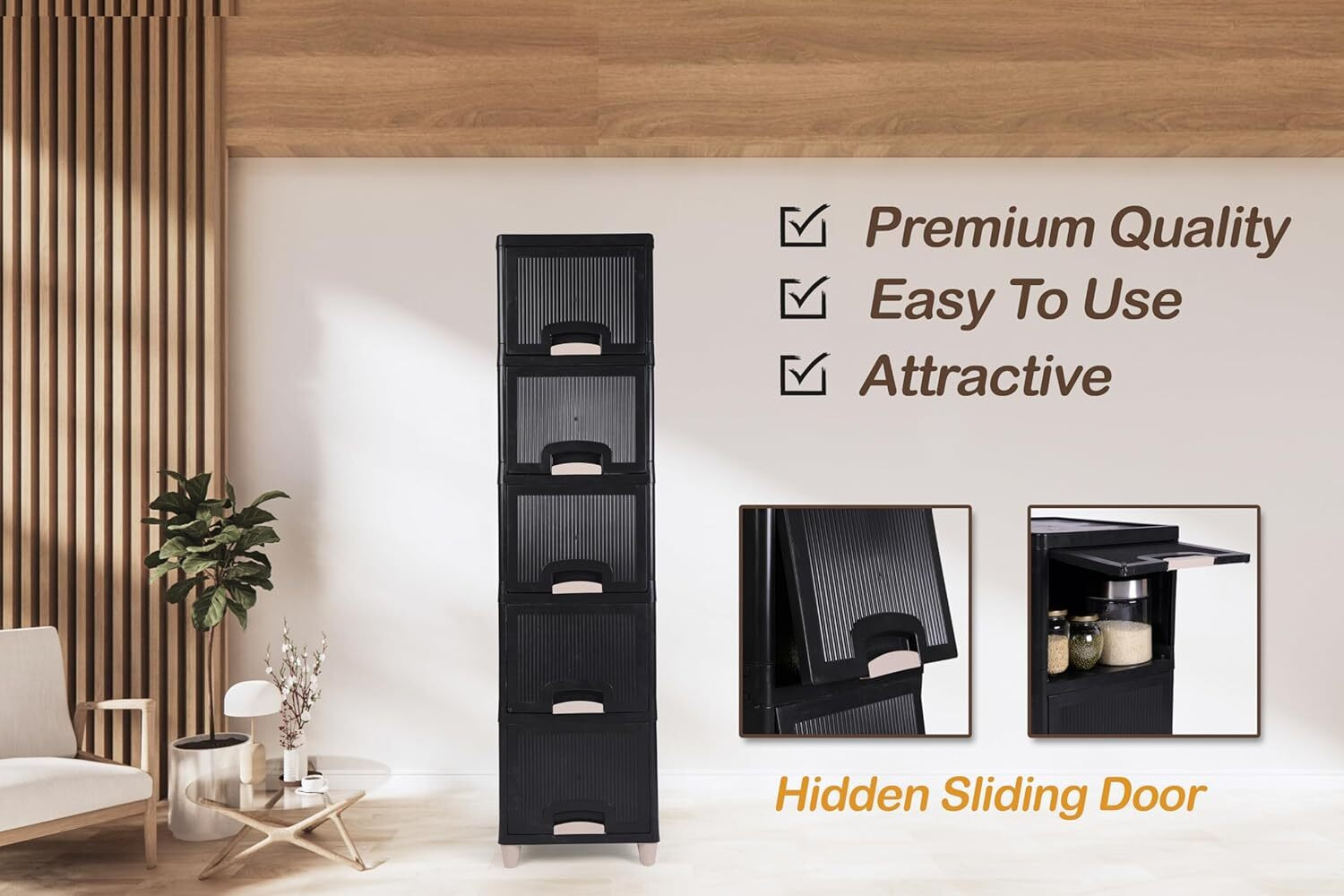 Image of GROTHEORY Narrow Balcony Storage Cabinet with Drawers for Compact Outdoor Spaces Plastic Free Standing Cabinet (Finish Color - Black, Door Type- Framed Sliding, DIY(Do-It-Yourself))