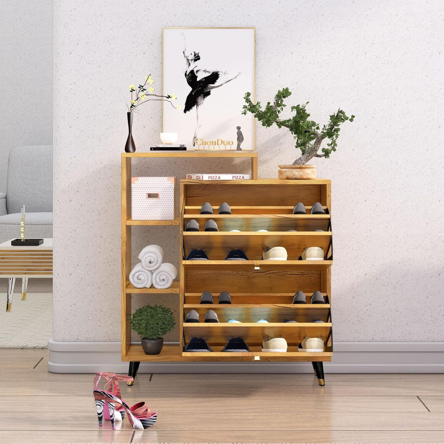 Image of Hexa Red Wooden Shoe Rack For Home With Door, Metal Legs Engineered Wood Shoe Rack