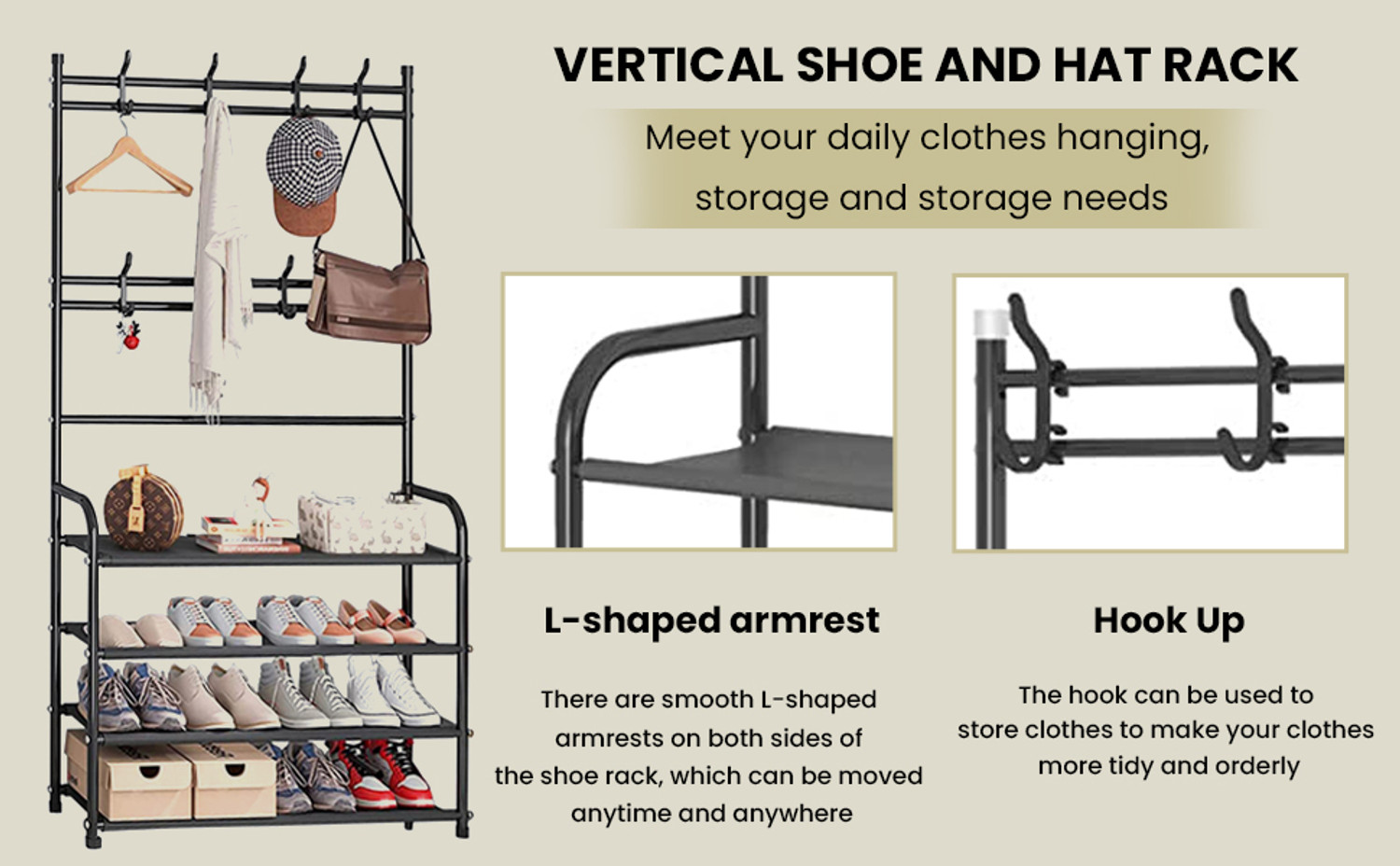 Image of Storia Metal Shoe & Coat Rack- Double Hook Row Design Metal, Plastic Collapsible Shoe Stand