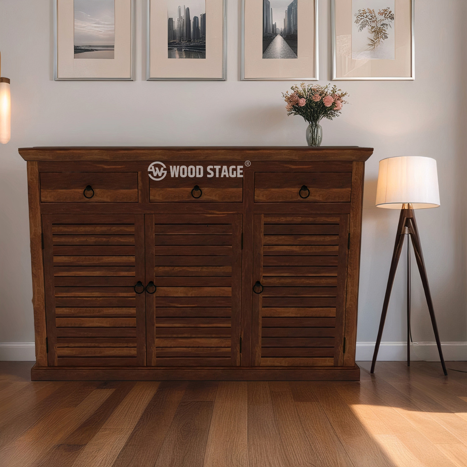 Image of WOODSTAGE Solid Sheesham Wood Shoe Rack with Drawer Storage Solid Wood Shoe Rack