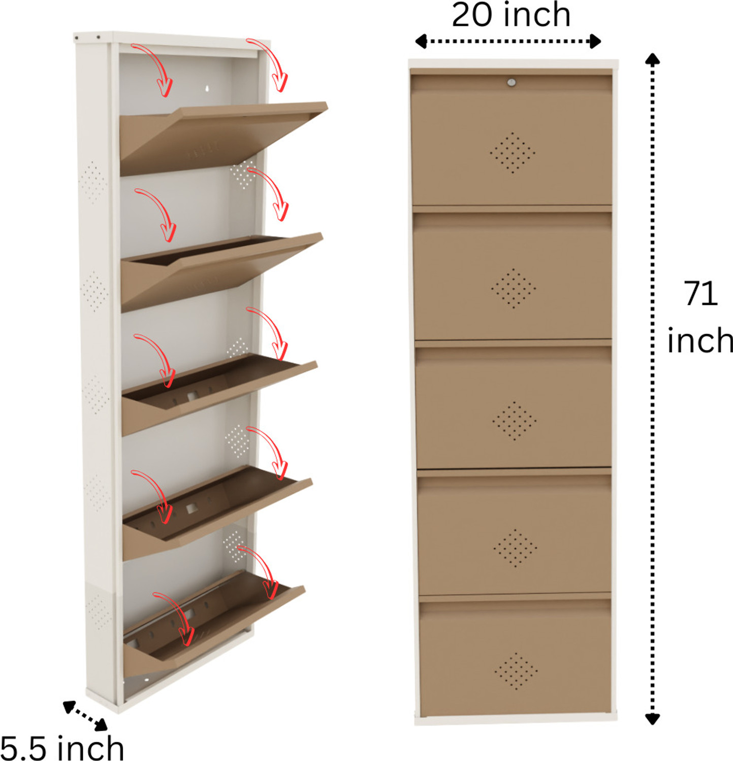 Image of KRUGER 5 Door Biscuit 20x71x5.5 inch 10 to 15 Shoe Capacity Wall Mounted Metal Shoe Rack