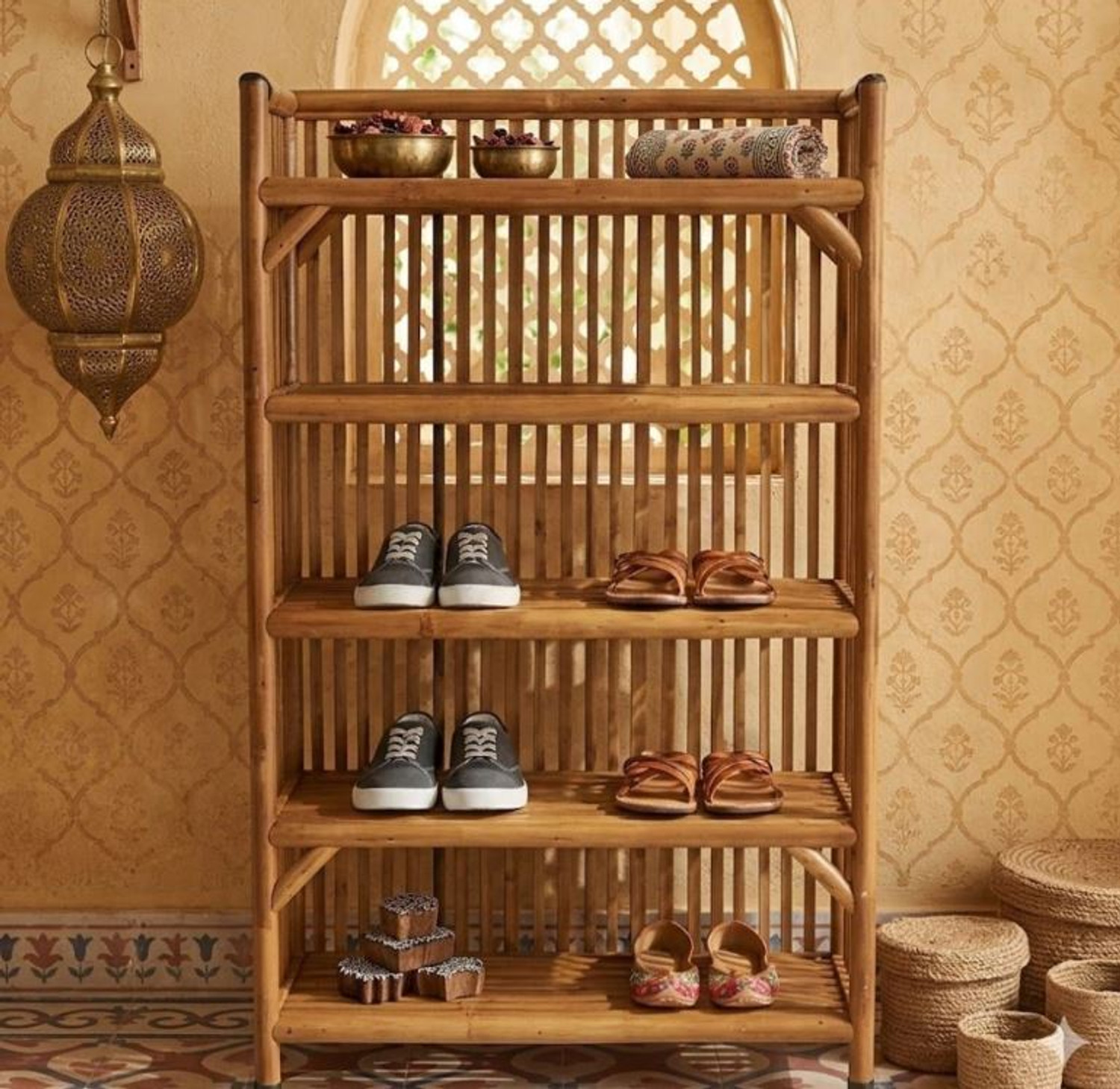 Image of saad enterprises Handmade 5 shelves Bamboo Shoe Rack| Stand| Organizer Bamboo Shoe Stand (Brown, 5 Shelves, Pre-assembled)