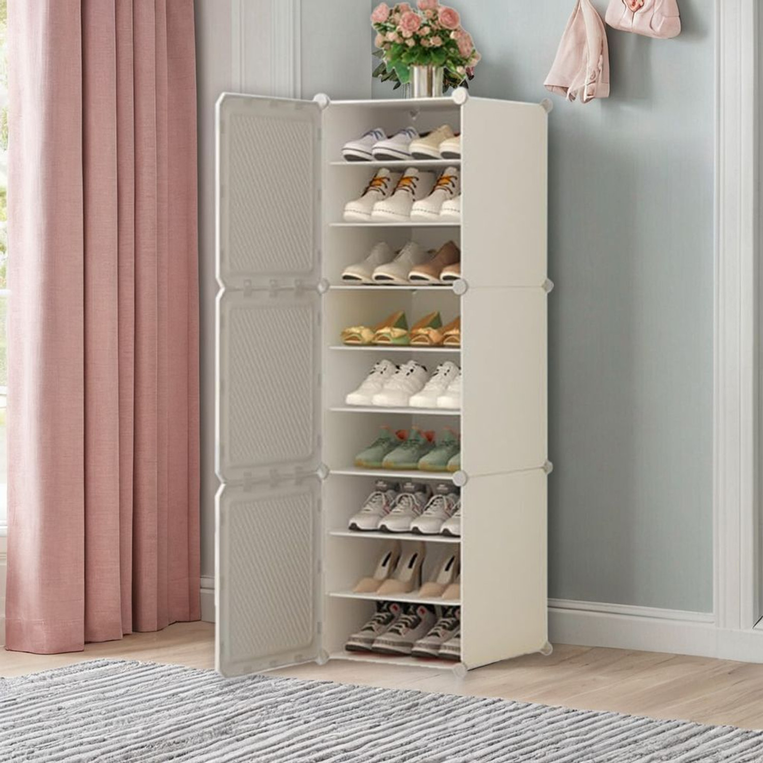 Image of Owme 9-Tier Plastic Shoe Rack with Dustproof Doors - Modular Shoe Cabinet Plastic Shoe Stand