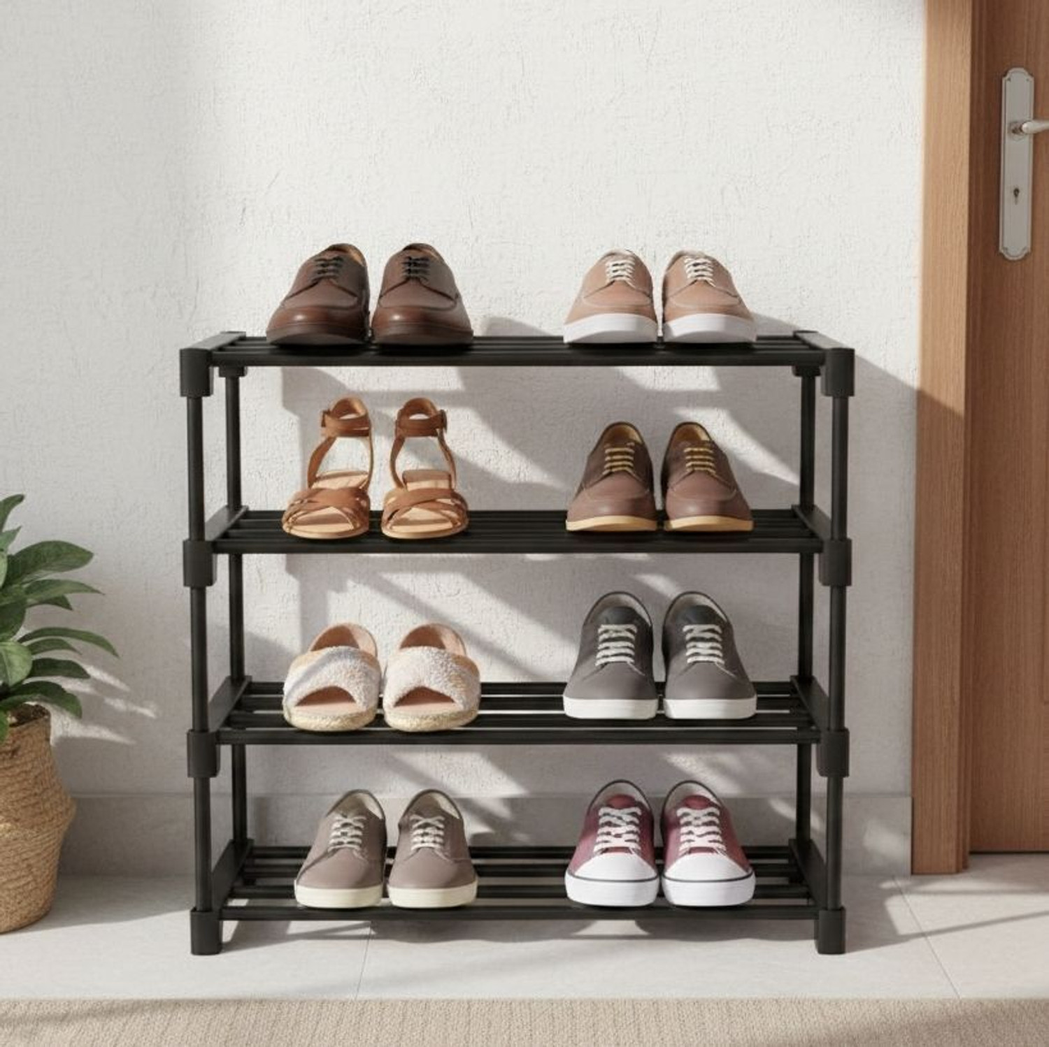 Image of FurniGully 4 Tier Plastic Shoe Rack for Home, Foldable Shelf Stand Plastic Shoe Stand