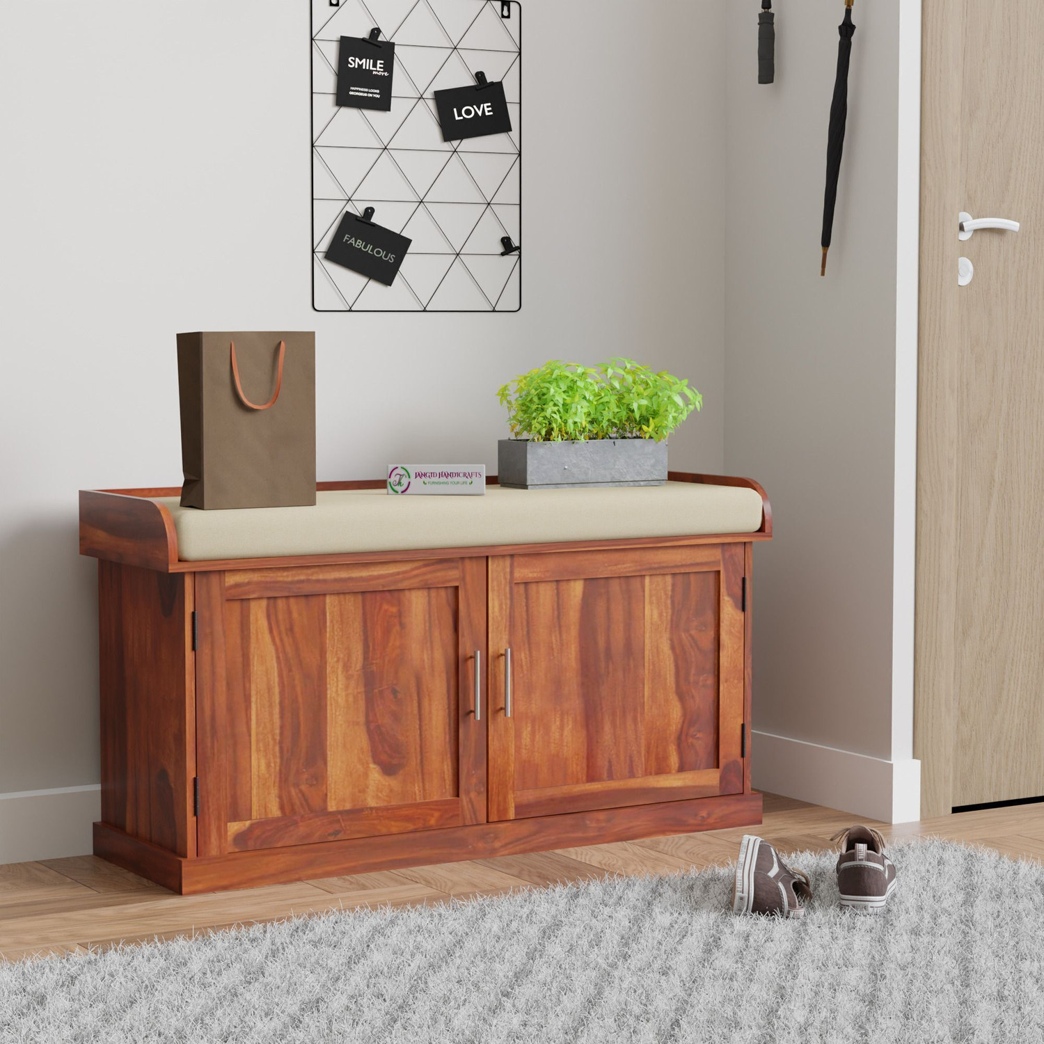 Image of jangid Handicraft Solid Wood 2 Door Shoe Cabinet Storage Bench Solid Wood Shoe Rack