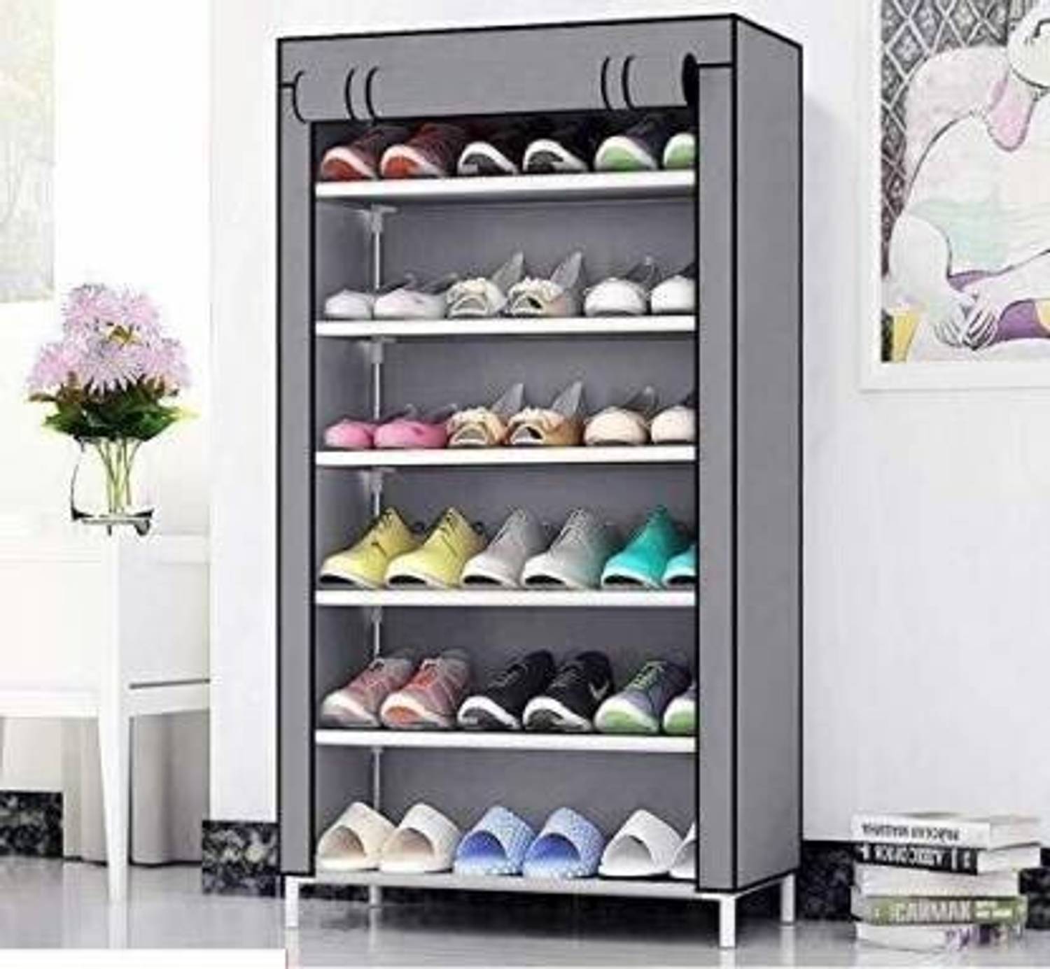FurniGully 6 sleeves grey shoe rack Plastic, Metal Collapsible