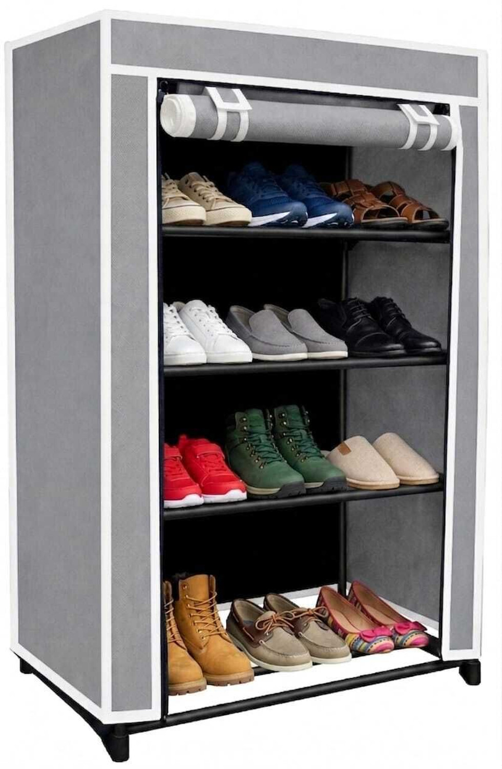 Image of FAROX Grey Shoe Rack with Cover - 4-Tier Storage Organizer for Shoes, Sneakers Metal Shoe Stand