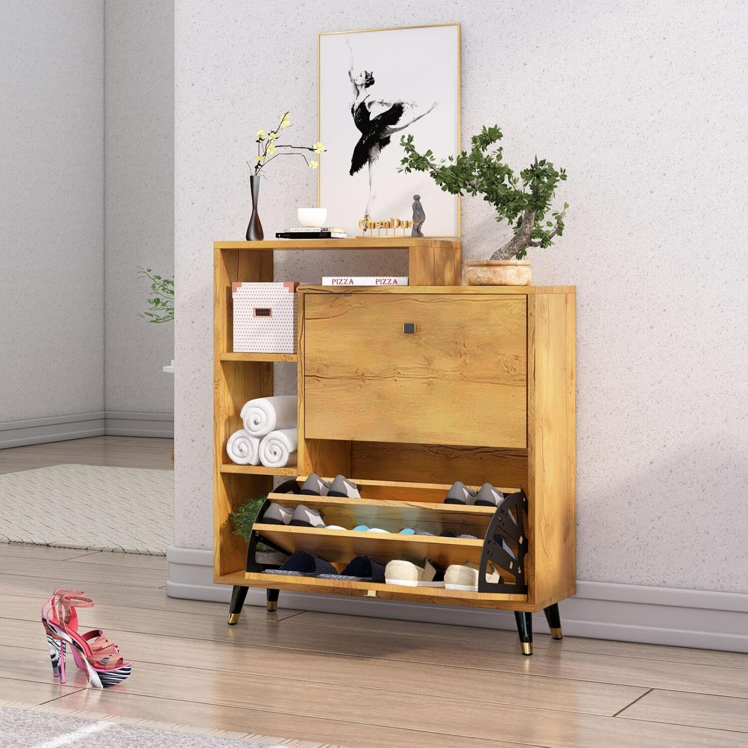 Image of Hexa Red Wooden Shoe Rack For Home With Door, Metal Legs Engineered Wood Shoe Rack