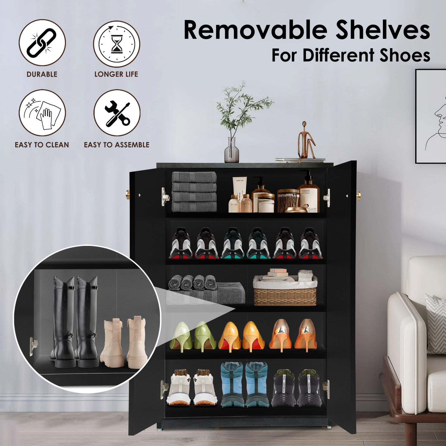 Image of Urbanovia Space-Saving Wooden Shoe Cabinet with Multi-Shelf Storage Engineered Wood Shoe Rack