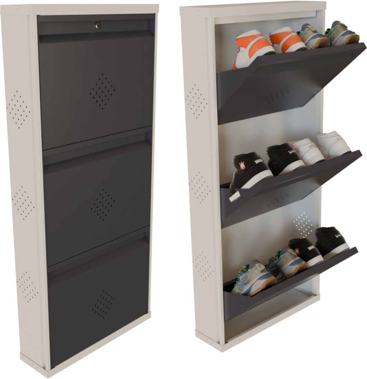 Image of KRUGER 3 Door Grey 21x43x5.5 inch 6 to 9 Shoe Capacity Wall Mounted Centralised Lock Metal Shoe Rack