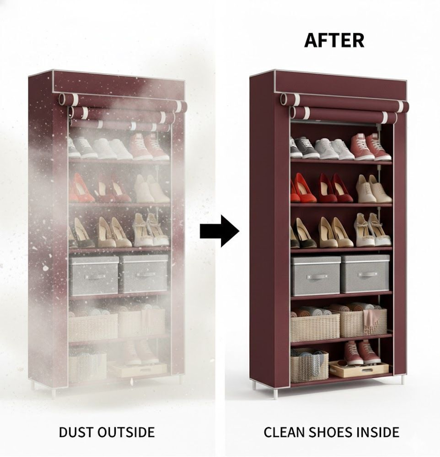 Image of Chalia Portable Rack with Maroon cover ultra durable 6 tier Rack for shoes books etc Plastic Collapsible Shoe Stand
