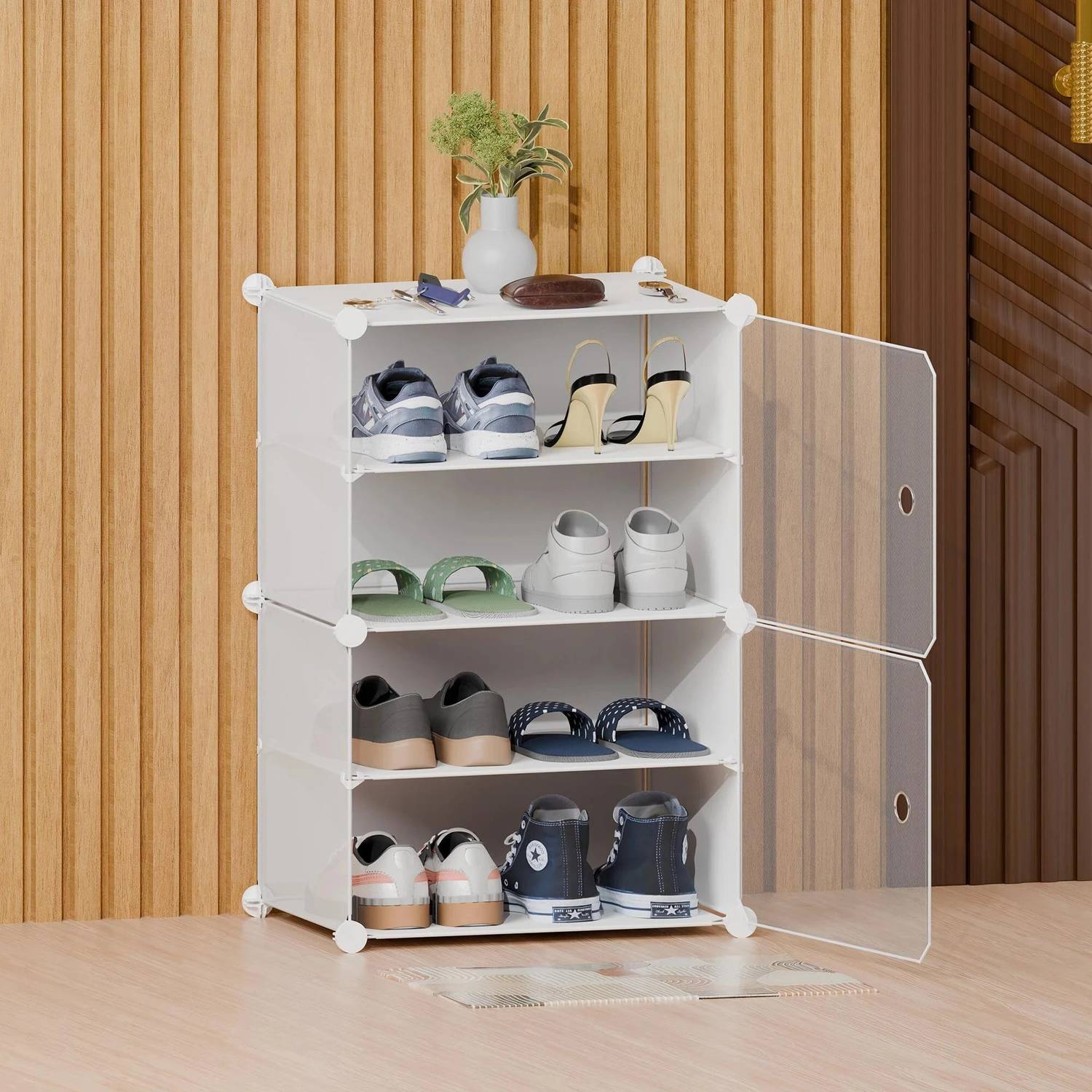 Aloxe 4 Layer Plastic Shoe Rack with Door | Stackable Shoe Organizer (White) Plastic Shoe Rack