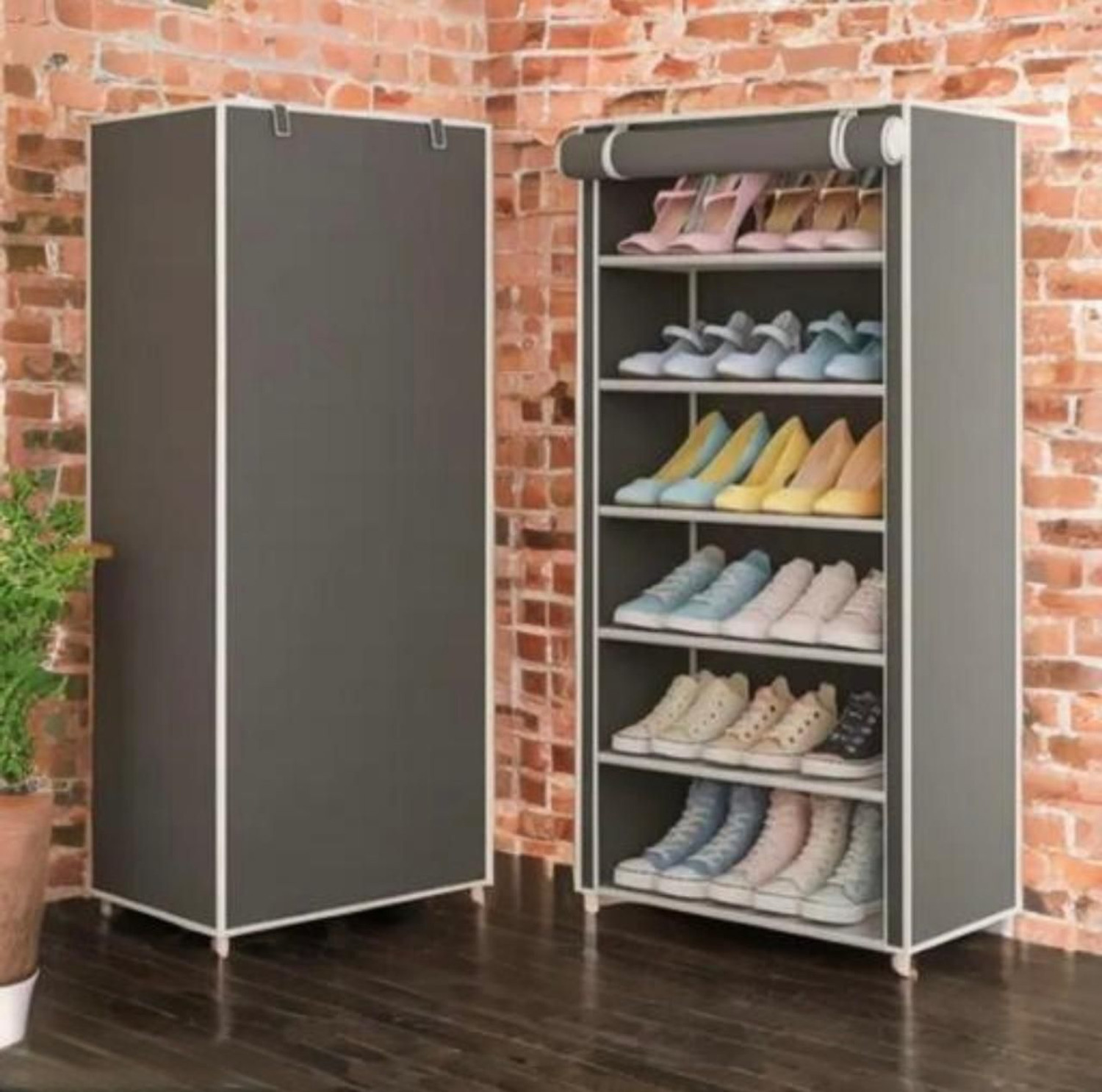 Image of ROCKING SHOP Shoe Rack Organizer with Cover | Dustproof Portable Storage Cabinet Plastic Collapsible Shoe Stand (Grey, 6 Shelves, DIY(Do-It-Yourself))