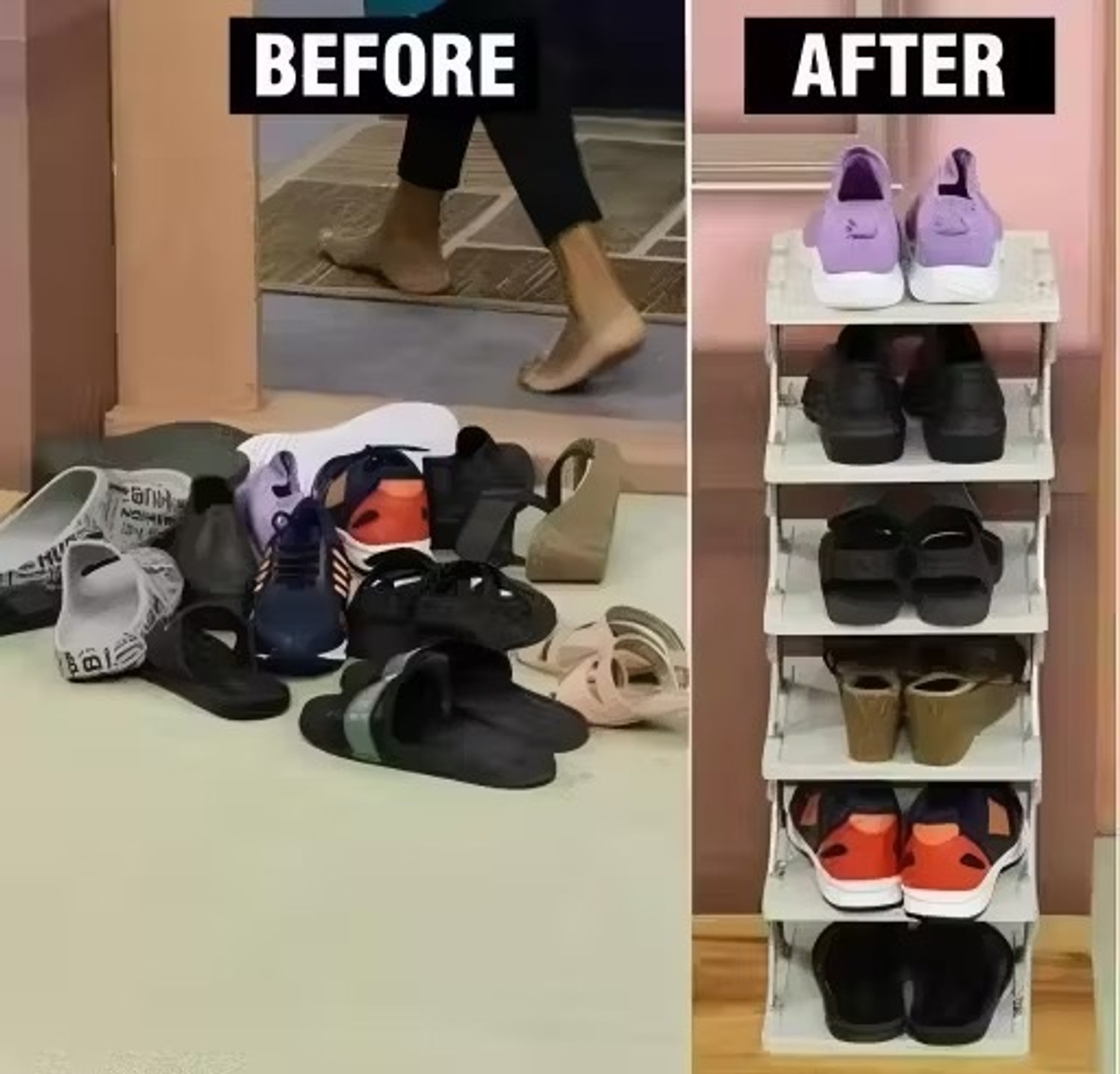 Image of Bahuchar 6 LAYER FOLDABLE SHOE RACK Plastic Shoe Stand (WHITE & GREY, 6 Shelves, Pre-assembled)