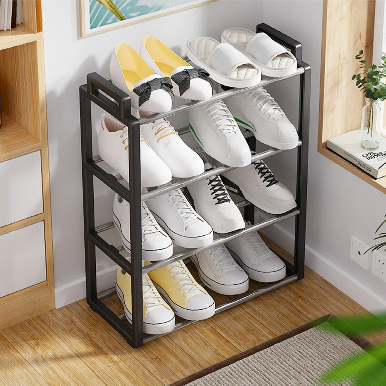 Image of ADIXEL 4 Layer Multi-Purpose Plastic and Metal Shoe Rack with Door for Home ,Shoe Stand Plastic, Metal Shoe Stand