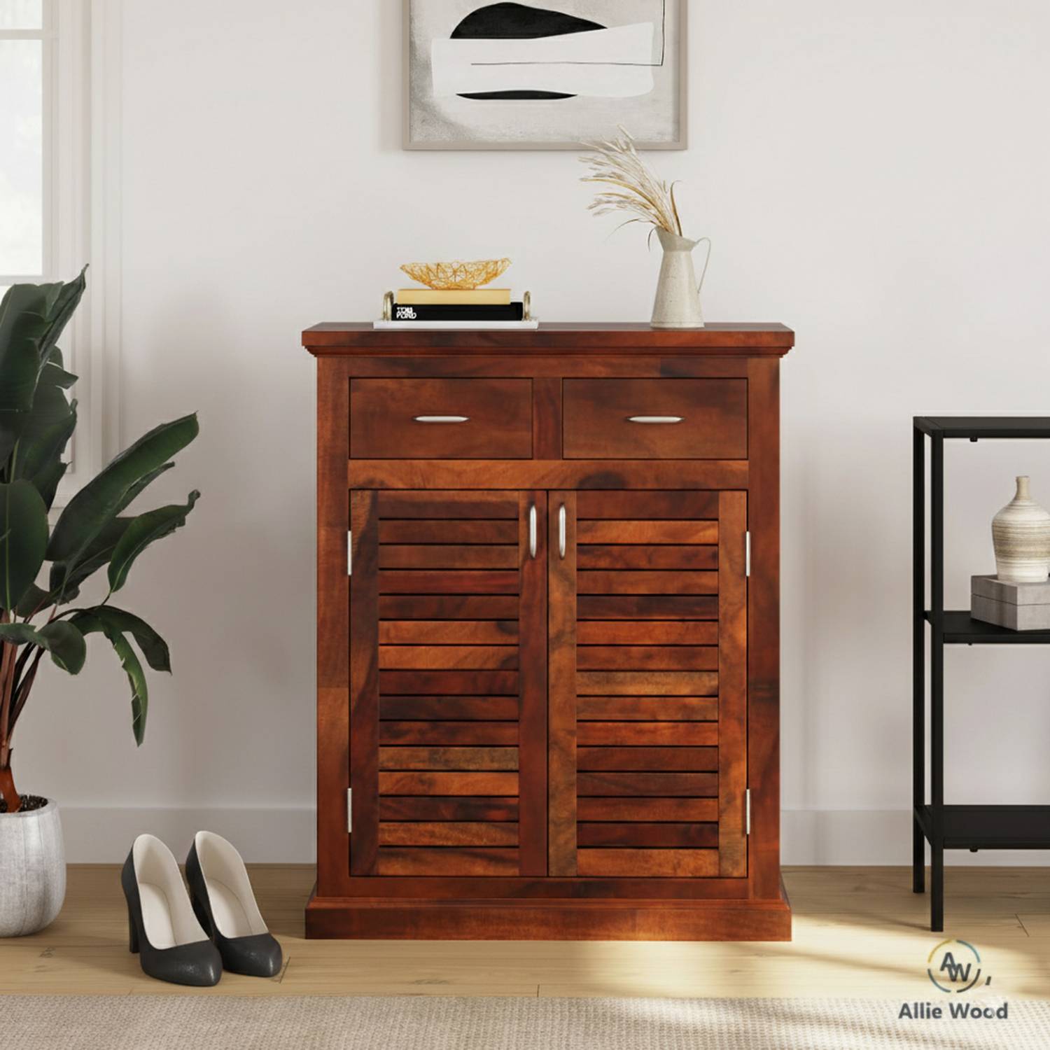 Allie Wood Sheesham Solid Wood Shoe Rack (Teak Brown Finish, 4 Sh