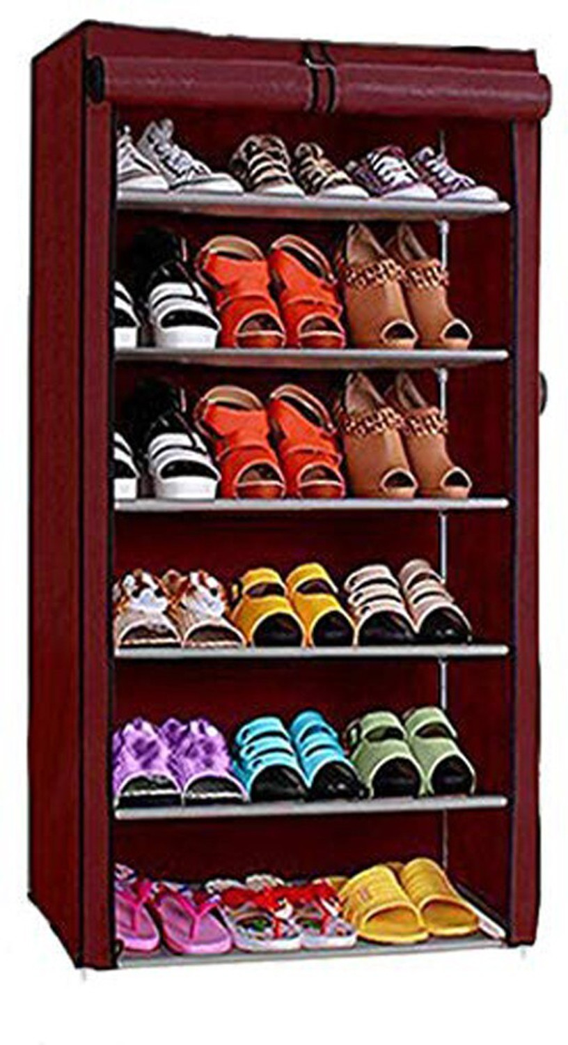 Image of GO HOOKED 6 Layer Multipurpose Portable Folding Shoes Rack /Shoes Shelf /Shoes Cabinet with Wardrobe Cover, Easy Installation Stand for Shoes (Pack of 1) (Maroon) (Metal & Non-Woven Fabric). Metal Shoe Stand