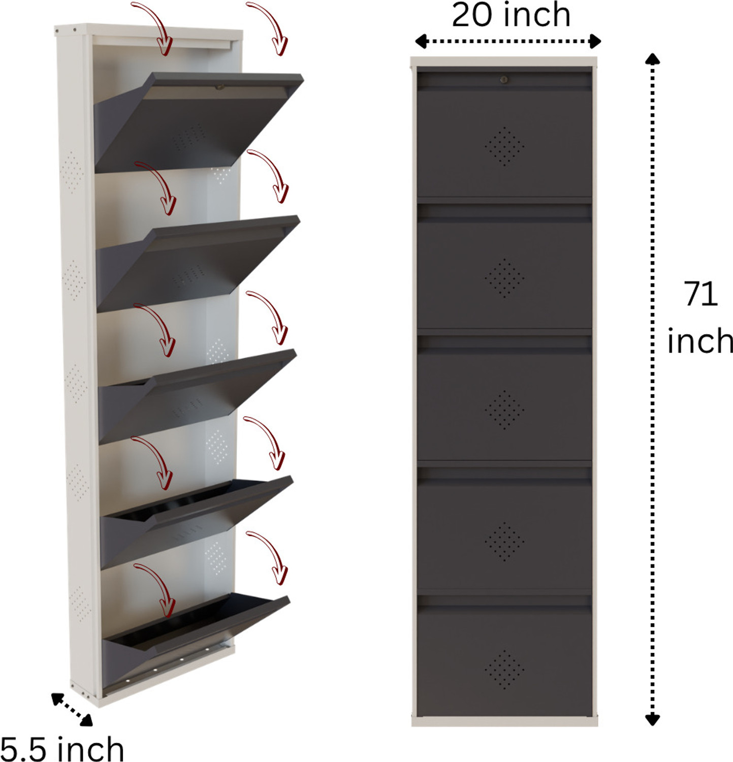 Image of KRUGER 5 Door Grey 20x71x5.5 inch 10 to 15 Shoe Capacity Wall Mounted Centralised Lock Metal Shoe Rack