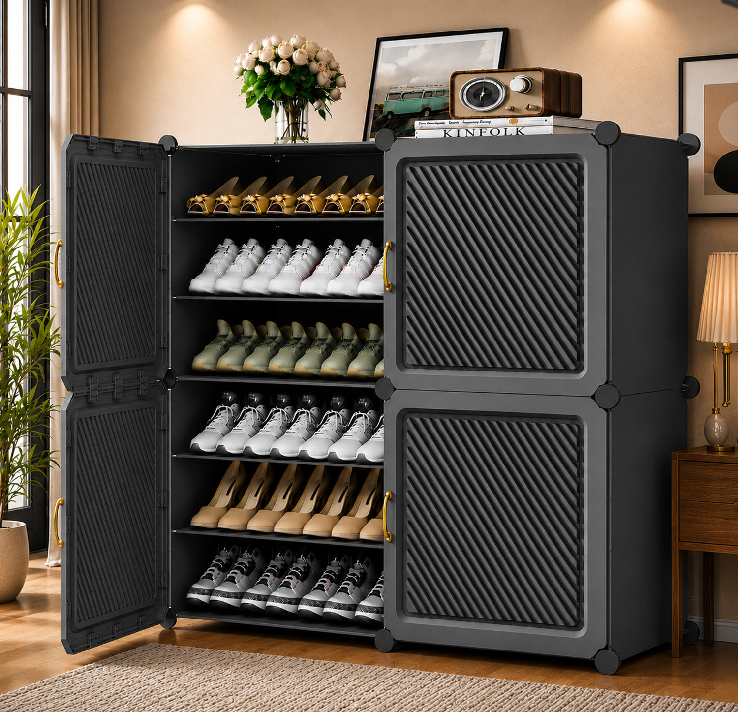 Image of MEVIGO 12-Shelf-4-Door Plastic Cubort Shoe Rack Metal Shoe Stand